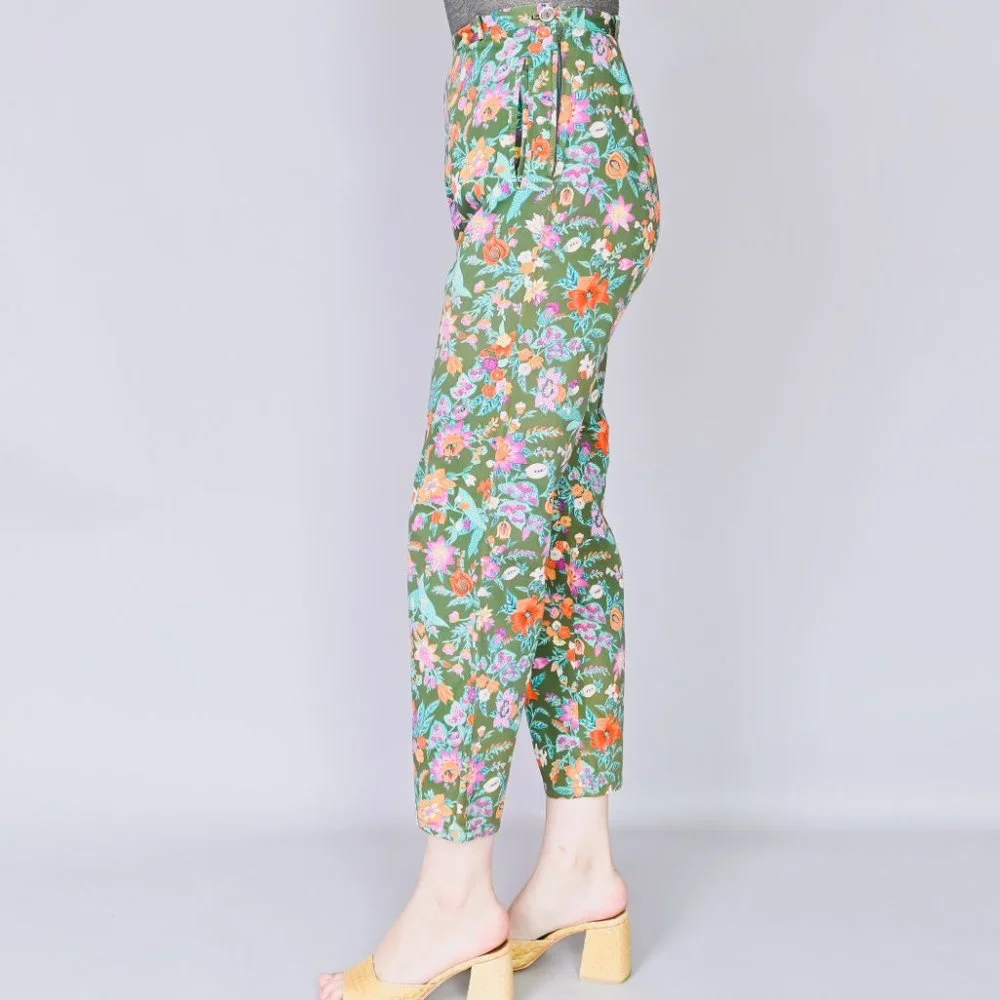 VINTAGE Vico Dritto Portofino High Waist Green Floral Pants 50s Retro S - Picture 5 of 7